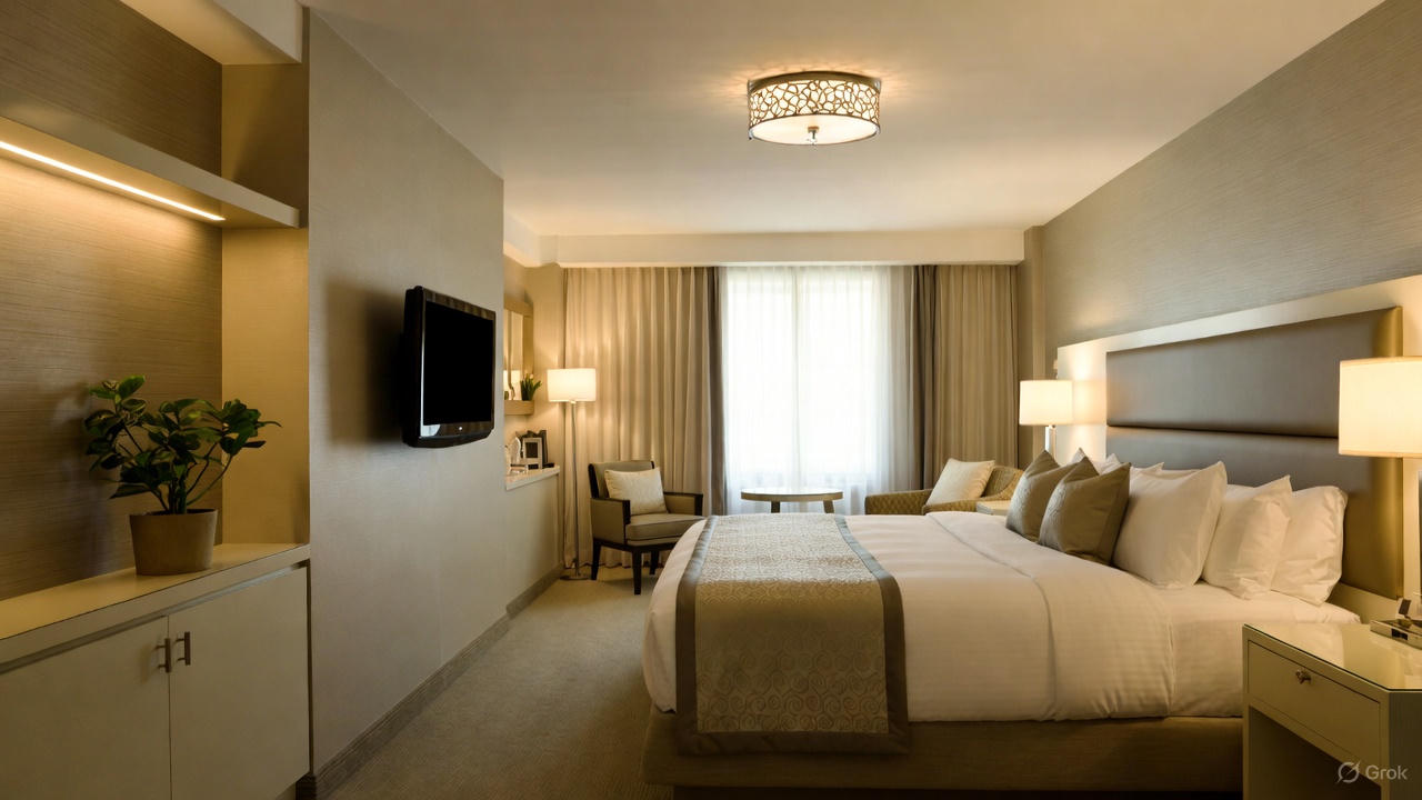 Deluxe King room with warm lighting and plush bedding